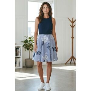 Jodi Kristopher Navy Blue Striped Floral Fit Flare Sleeveless Cutout Size 3